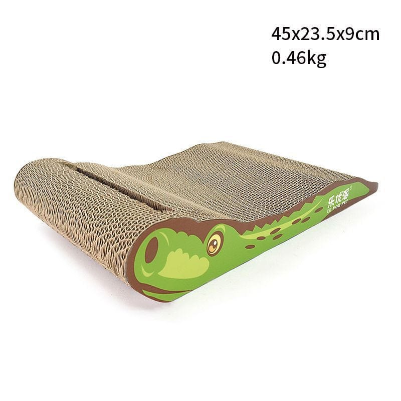 Griffoir en carton pour chats en forme de crocodile, écologique et durable, idéal pour les griffes et le repos.