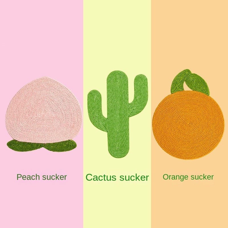Planche à gratter pour chat en jute : motifs en forme de pêche, cactus et orange, coloris chic.