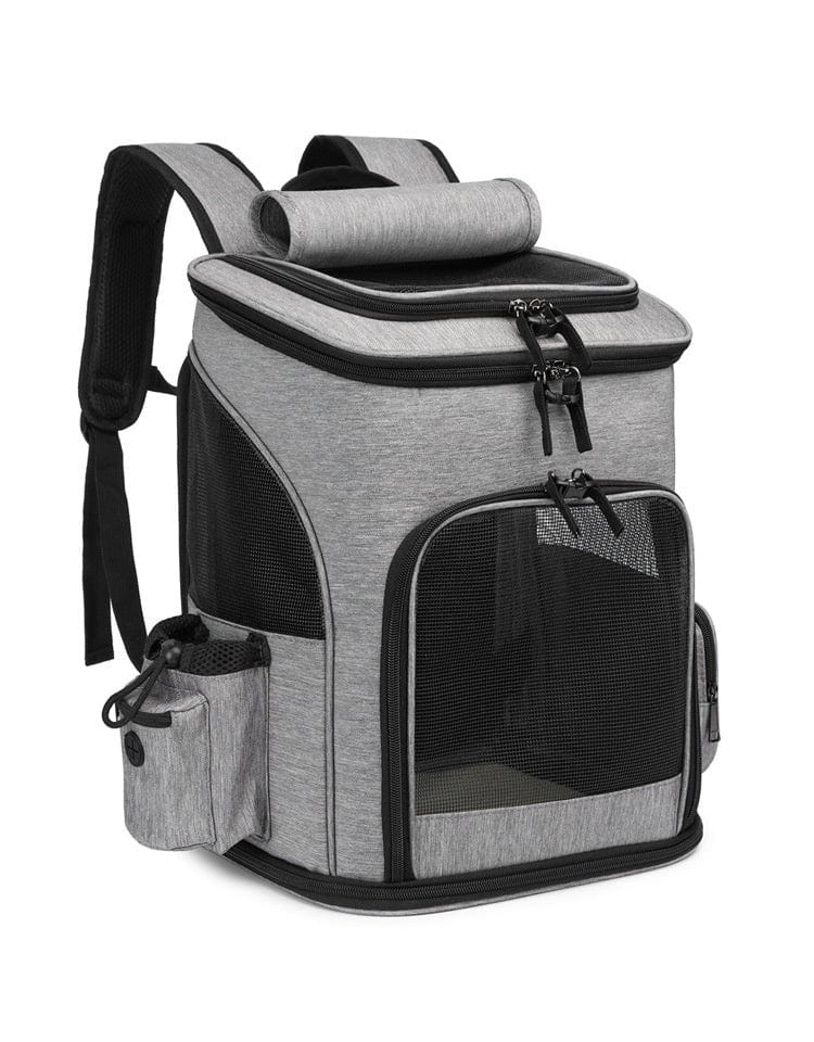 Sac à dos extensible pour animaux, durable et fonctionnel, en gris, avec poches et surface en mesh.