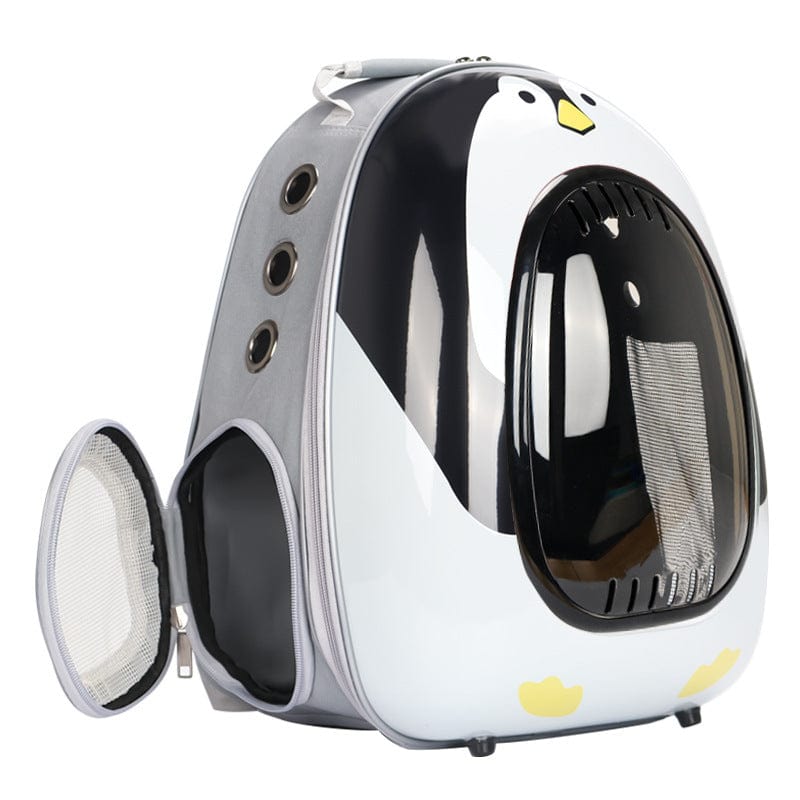 Sac à dos transparent pour chat en forme de pingouin, confortable et pratique pour les déplacements.