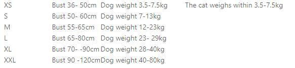 Size chart for dog harness, showing bust measurements and corresponding dog weight ranges.
