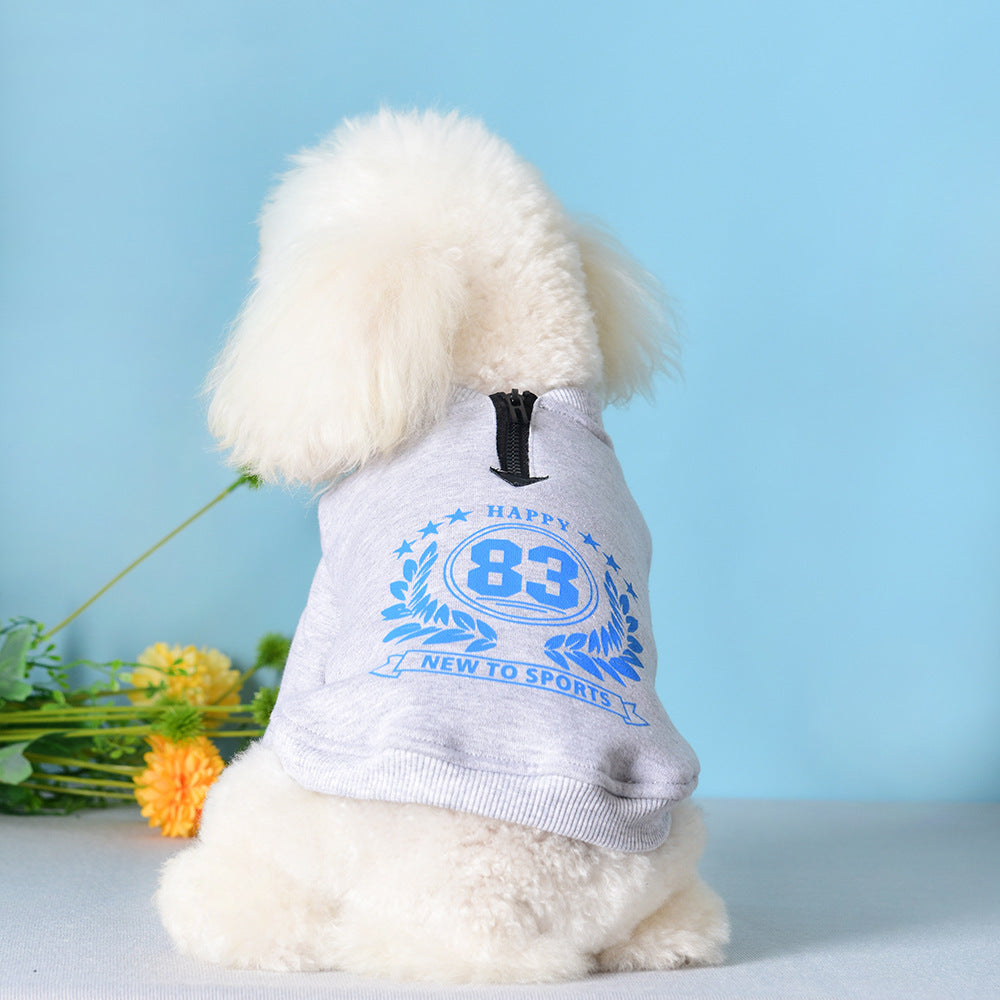 Chien portant un pull en coton gris, style décontracté, avec impression bleue pour animaux sur fond bleu.