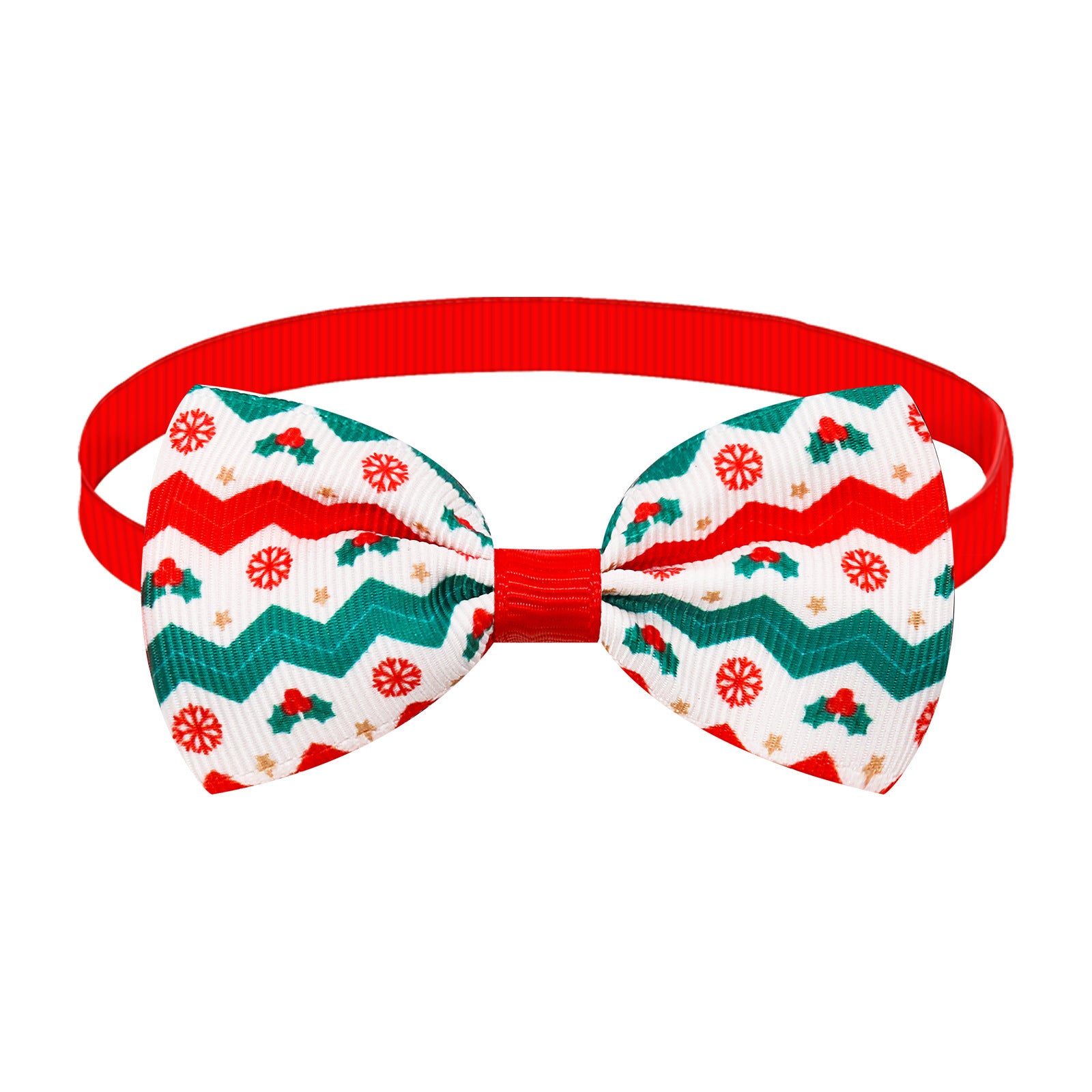 Nœud papillon plaid de Noël pour animaux de compagnie, style festif avec motifs colorés et bande rouge.