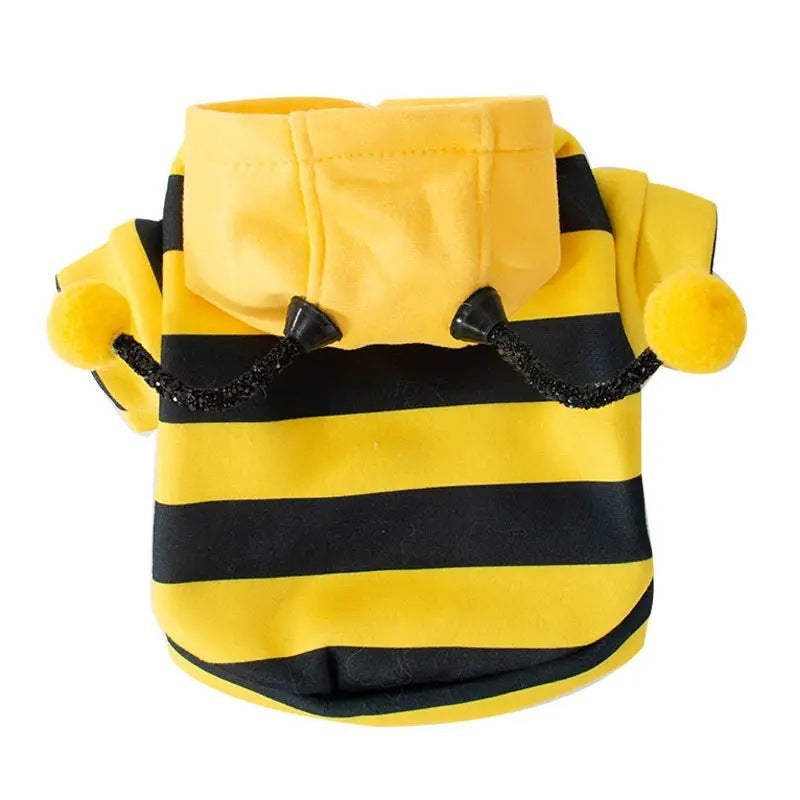 Pull abeille pour chien en polyester, jaune et noir, avec capuche et pompons, confortable et stylé.