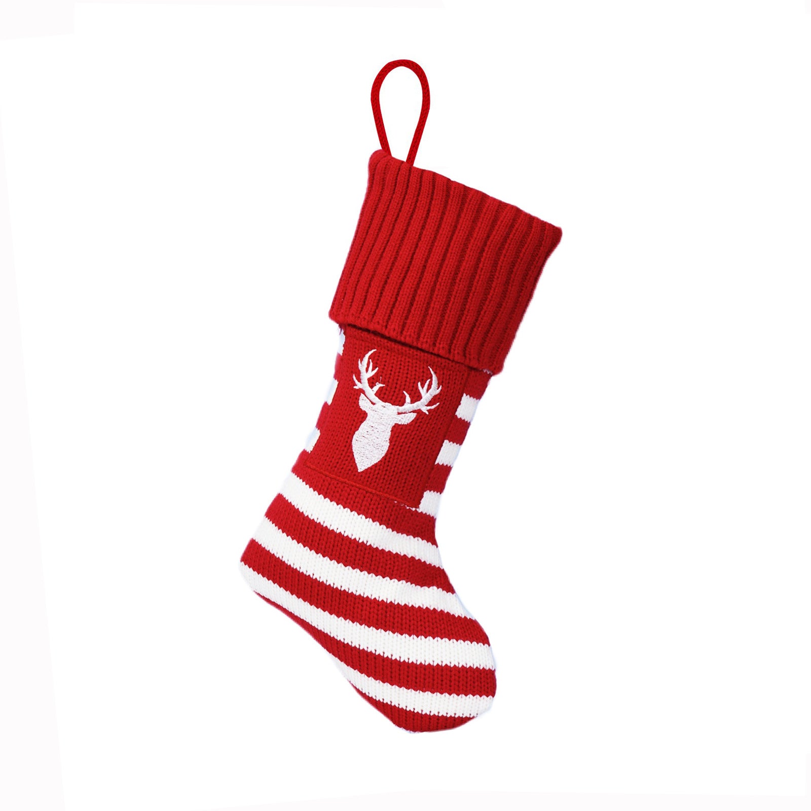 Chaussette de Noël rouge à rayures avec motif élan, parfaite pour les animaux lors des fêtes.