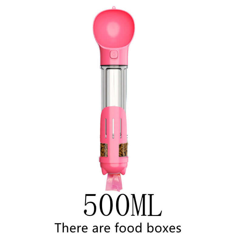 Bouteille d'eau multifonctionnelle rose de 500ml pour animaux avec compartiments pour nourriture.