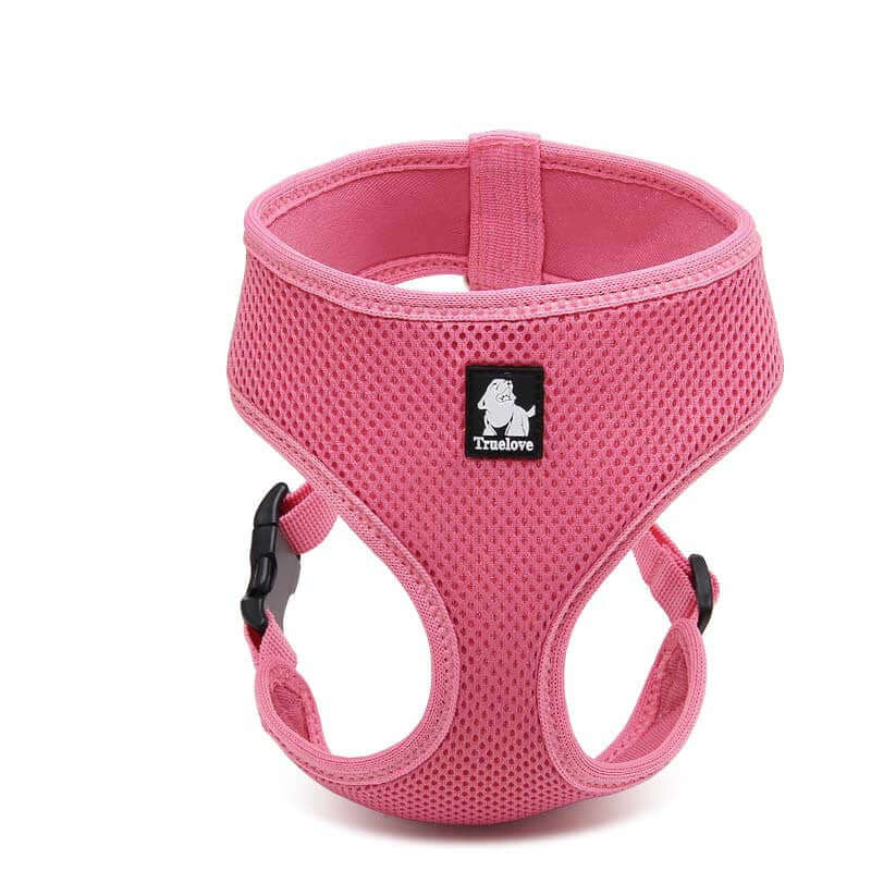 Harnais respirant pour chien en rose, idéal pour petits et moyens chiens, offrant confort et sécurité.