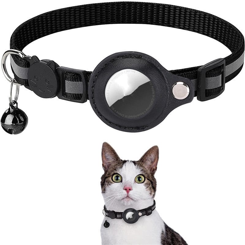 Collier réfléchissant étanche en nylon noir pour chat avec clochette, adapté pour Airtag.
