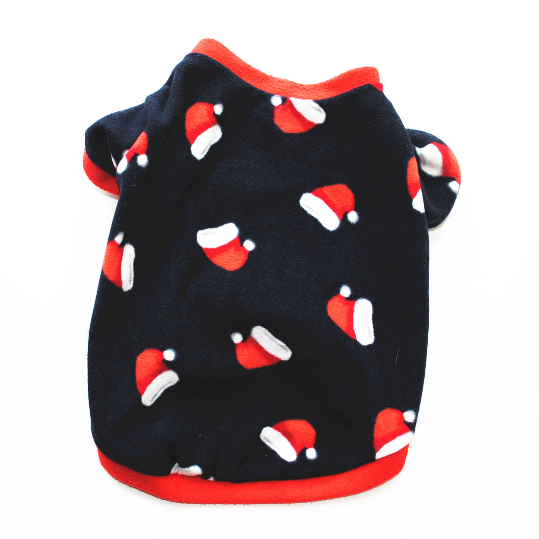Vêtement de Noël pour chien en polaire avec motifs de bonnets de père Noël, chaud et confortable.