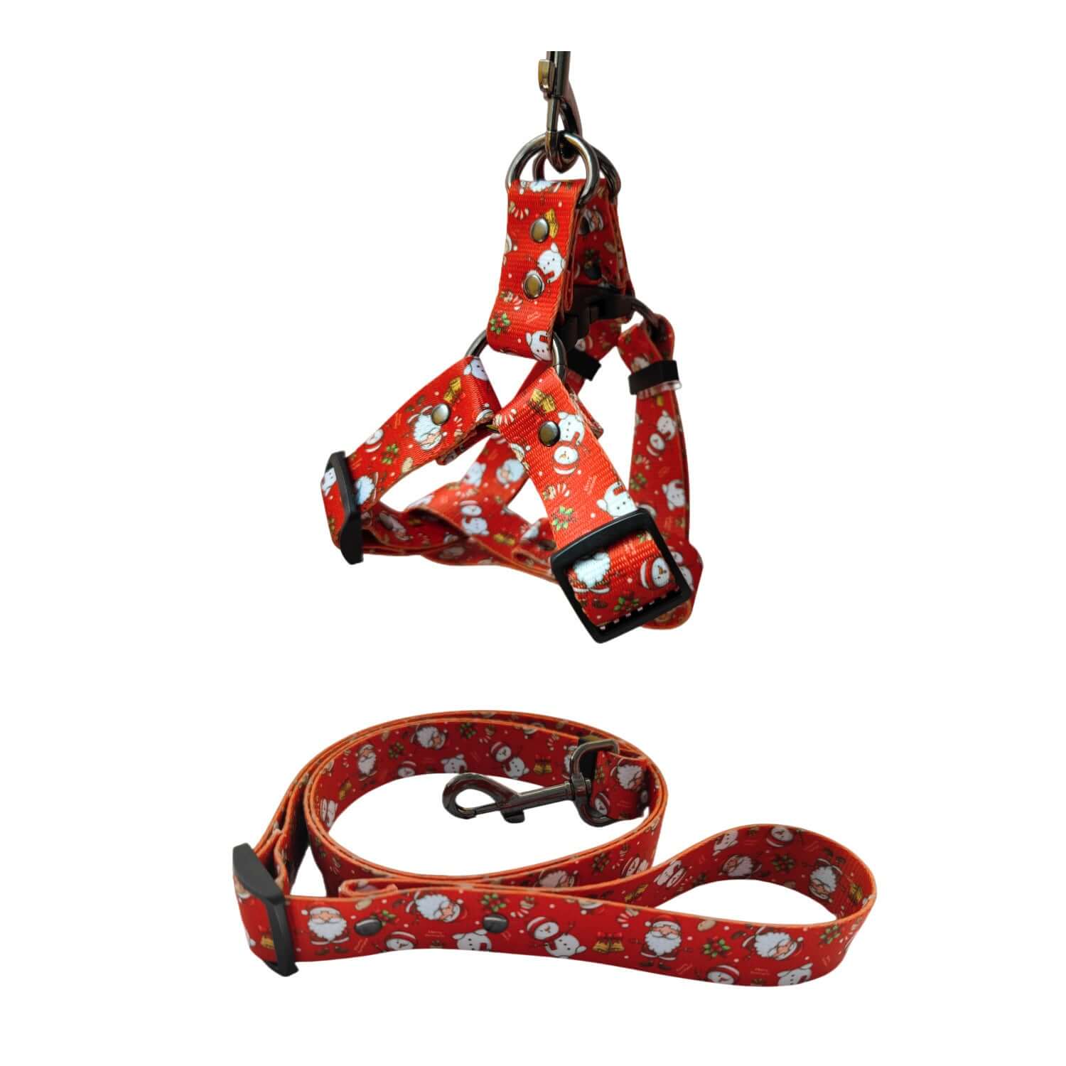 Harnais et laisse de Noël pour chien en polyester rouge, design festif avec motifs de Noël.