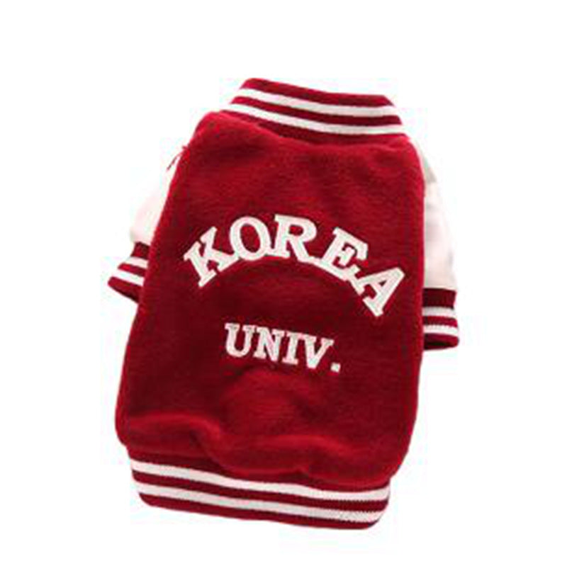 Uniforme de baseball en coton rouge avec inscription KOREA UNIV pour animaux de compagnie, style décontracté.