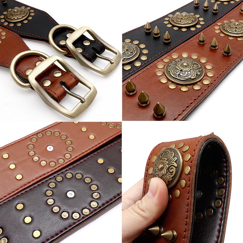 Collier pour chien large en cuir synthétique avec studs et boucles, design élégant et durable pour animaux.