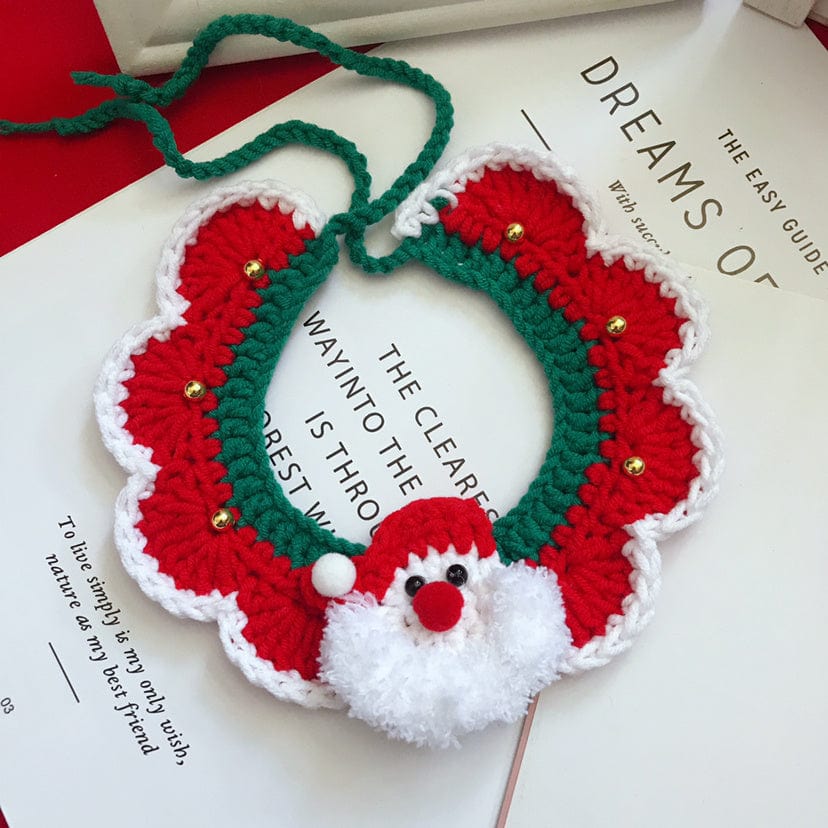Collier festif pour animaux en laine, design Noël avec visage de Santa, vert et rouge.