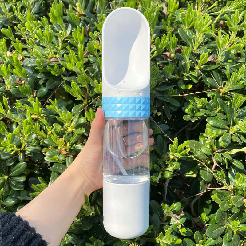 Gobelet d'eau portable pour chien, en main, entouré de verdure, parfait pour hydrater votre animal en plein air.