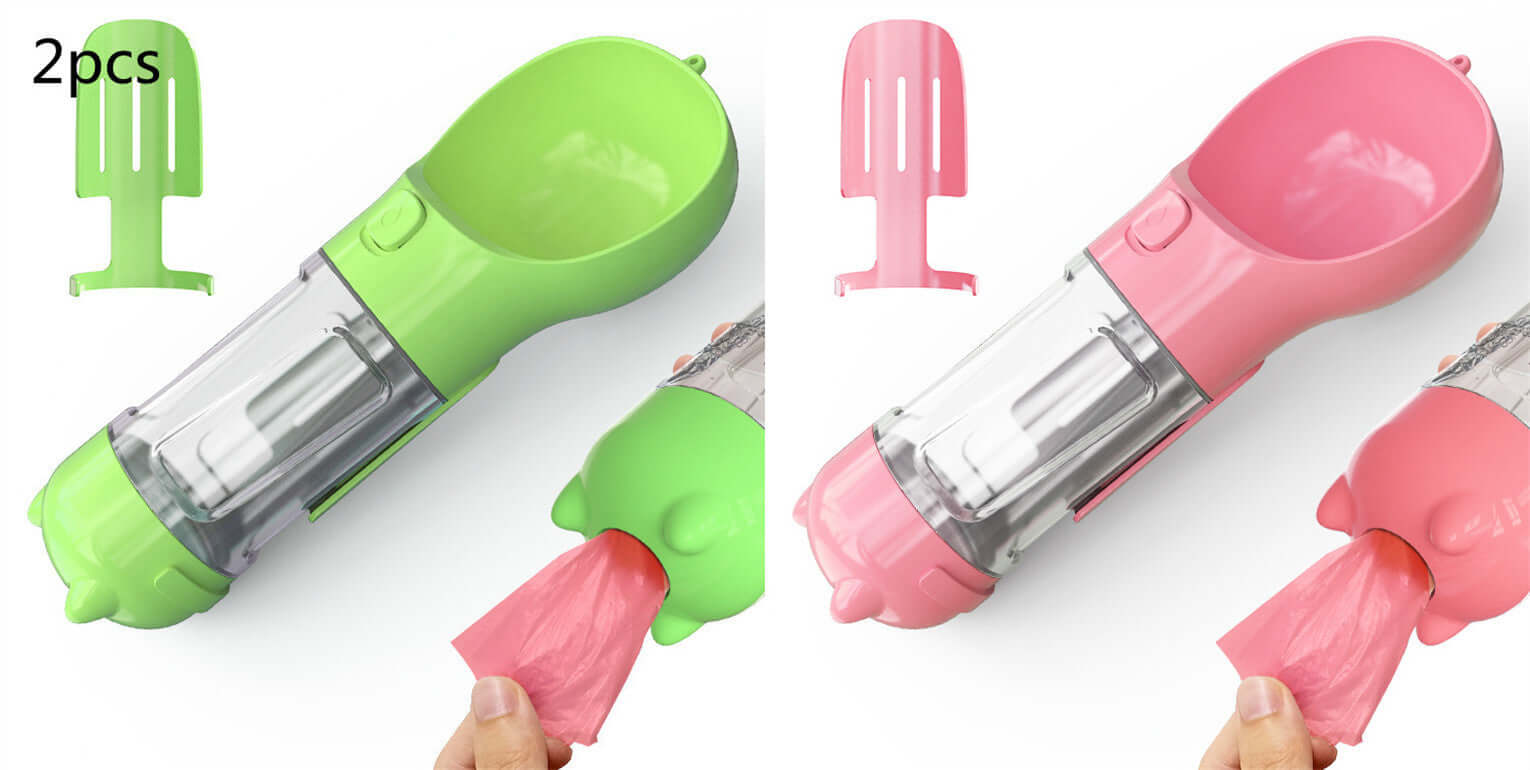 Bouteille d'eau portable 3 en 1 pour animaux, disponible en vert et rose, facile à transporter pour hydrater vos animaux.