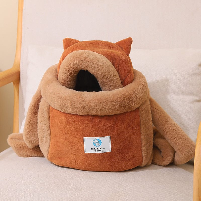Sac à dos chat en velours marron, style japonais et coréen, avec oreilles et doublure douce.