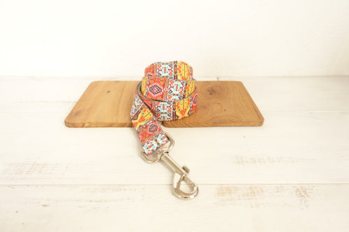Laisse colorée pour chien en polyester, design Funkadelic, sur planche en bois.