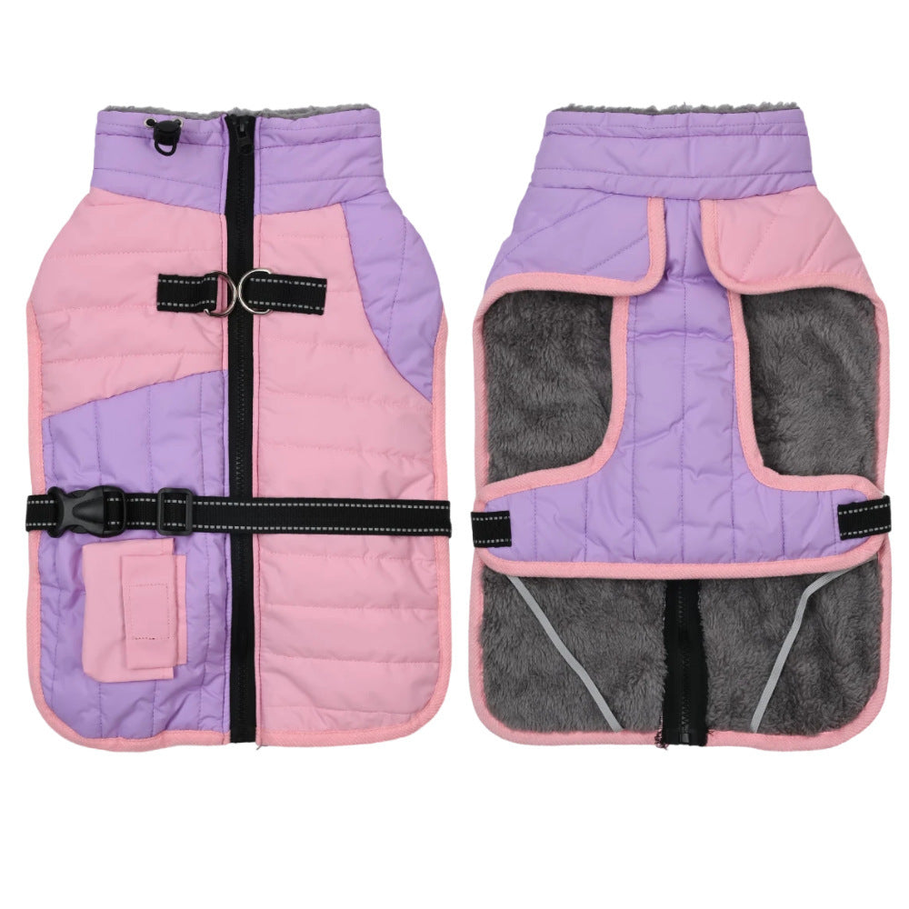 Manteau chaud pour chien en polyester, coupe décontractée, coloris violet et rose, idéal pour l'automne et l'hiver.