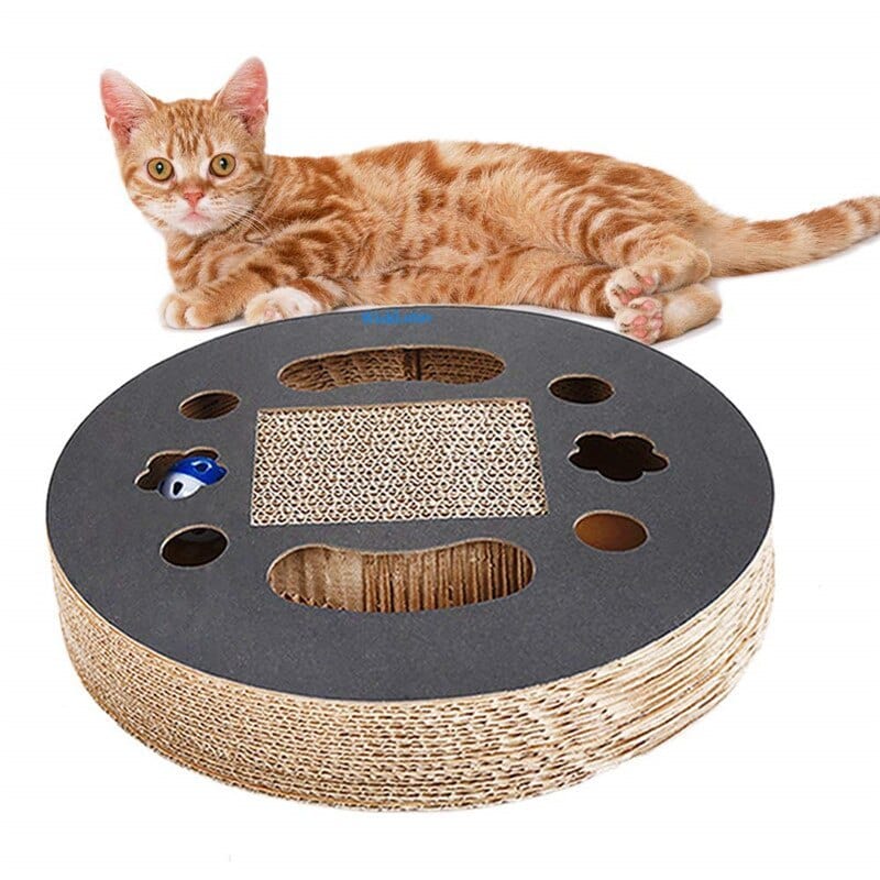 Planche à gratter en carton ondulé pour chat avec jouet intégré, idéale pour le confort et la santé des griffes.