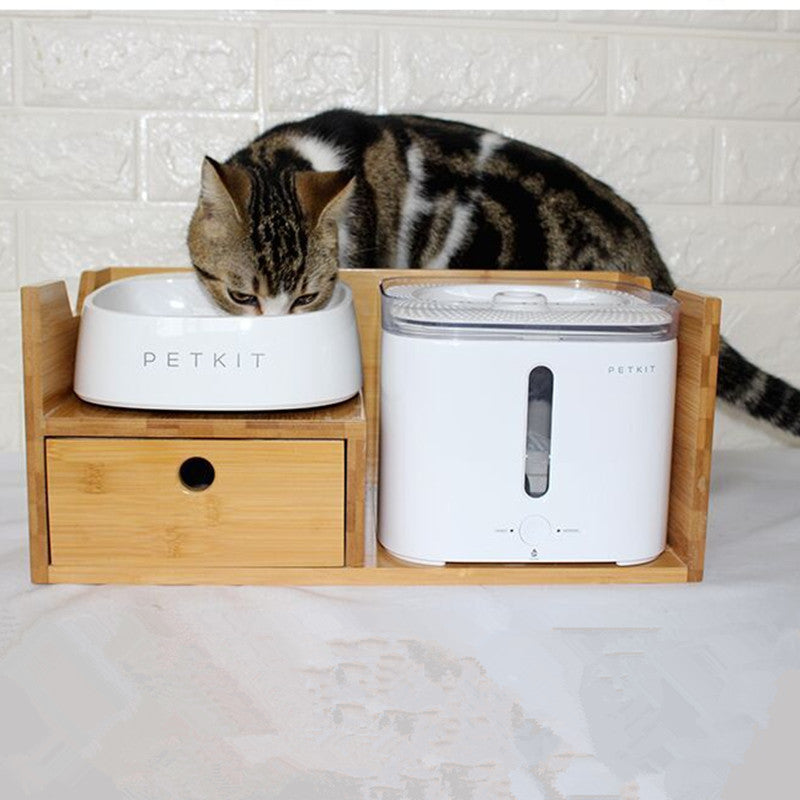 Fontaine à boire pour animaux avec un chat, en bois et plastique, élégante et fonctionnelle, idéale pour le bien-être animal.