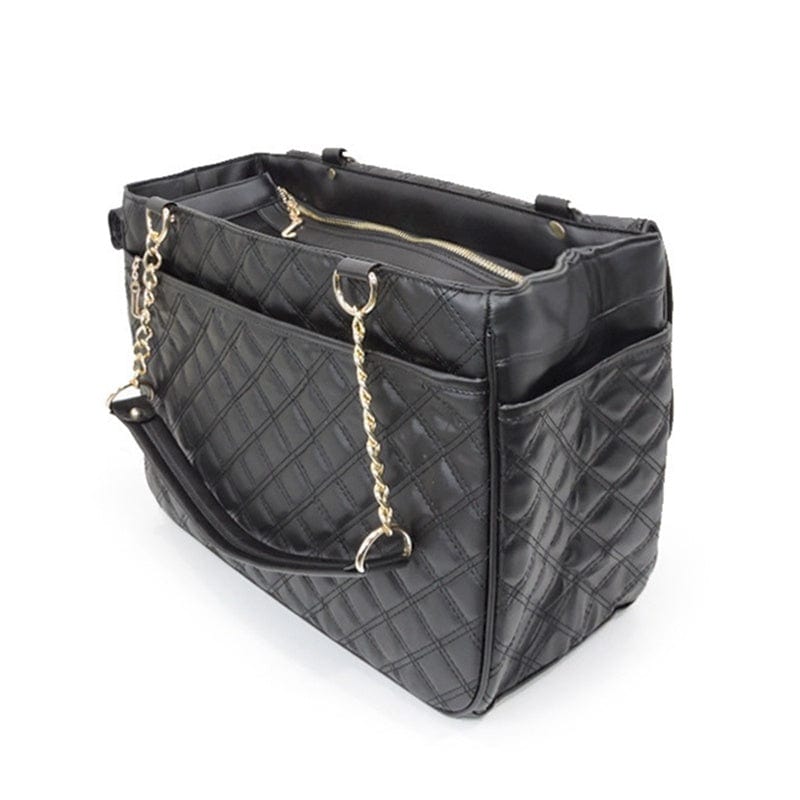 Sac à dos portable noir en PVC, avec chaîne dorée et poches, idéal pour animaux de compagnie.