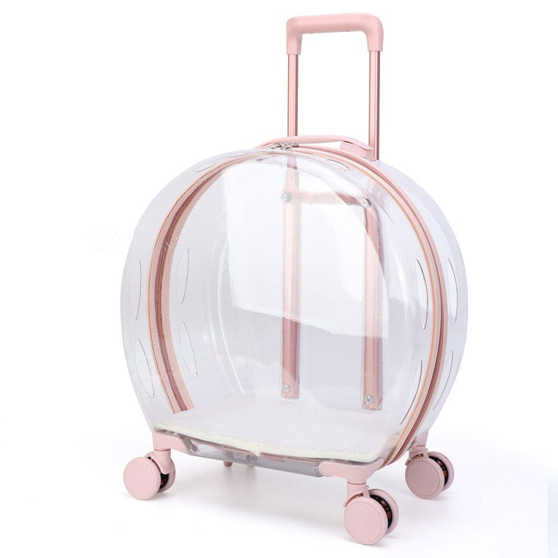 Sac à dos trolley transparent pour chats avec poignée et roulettes, idéal pour le transport d'animaux.