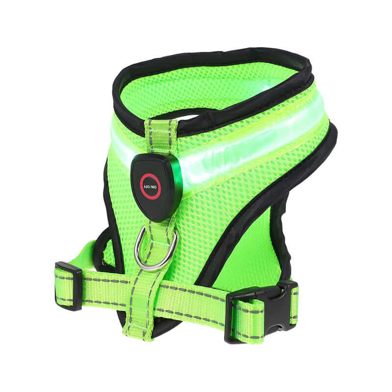 Harnais LED Mesh rechargeable vert pour chien, sécurité nocturne, tissu en mesh, confort et durabilité.