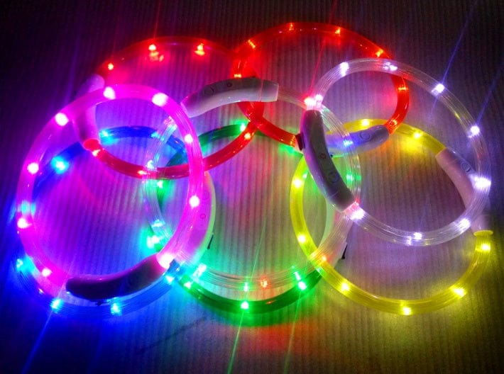 Colliers LED lumineux colorés pour chiens, parfaits pour la sécurité lors des promenades nocturnes.