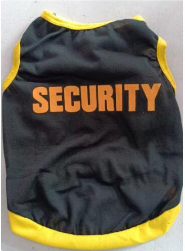 Gilet de sécurité pour petit chien en coton noir et jaune avec inscription 'SECURITY' au dos.