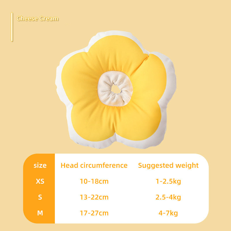Coussin en forme de fleur jaune pour animaux de compagnie, dimensions et poids recommandés affichés.