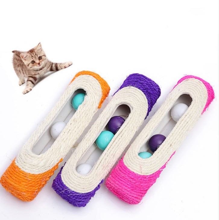 Jouet pour chat en sisal avec trois balles dans des couleurs vives, parfait pour stimuler le jeu de votre félin.