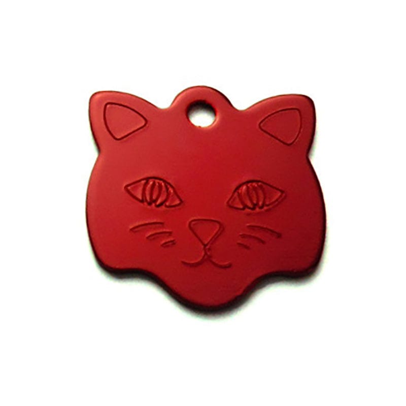 Médaille en aluminium rouge en forme de tête de chat pour collier d'animaux, accessoire esthétique et pratique.