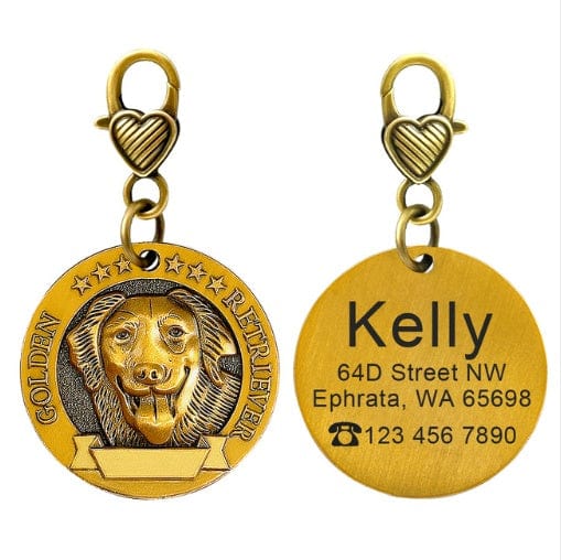 Porte-Identité Personnalisé en bronze pour chien avec gravure et numéro de contact.