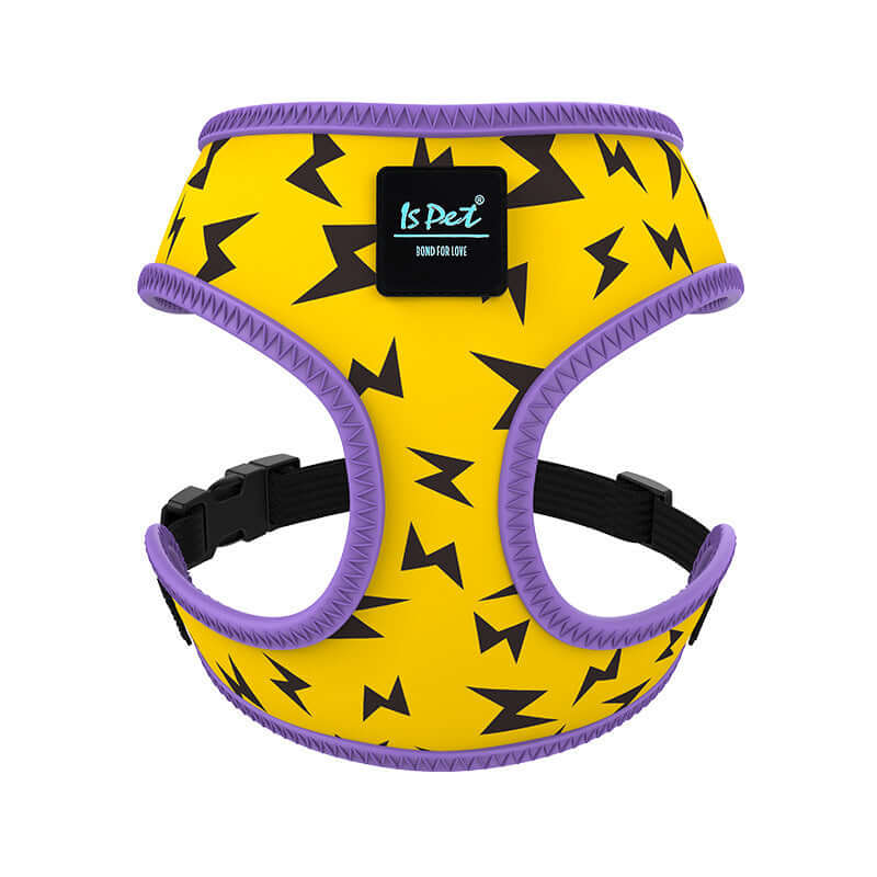 Harnais de sortie en polyester pour chien, jaune avec motifs, confortable et résistant pour les aventures en plein air.