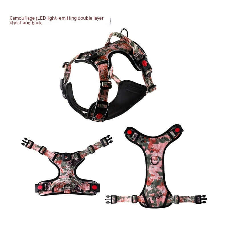Harnais LED camouflage rechargeable pour chien, idéal pour la sécurité nocturne et disponible en plusieurs couleurs.