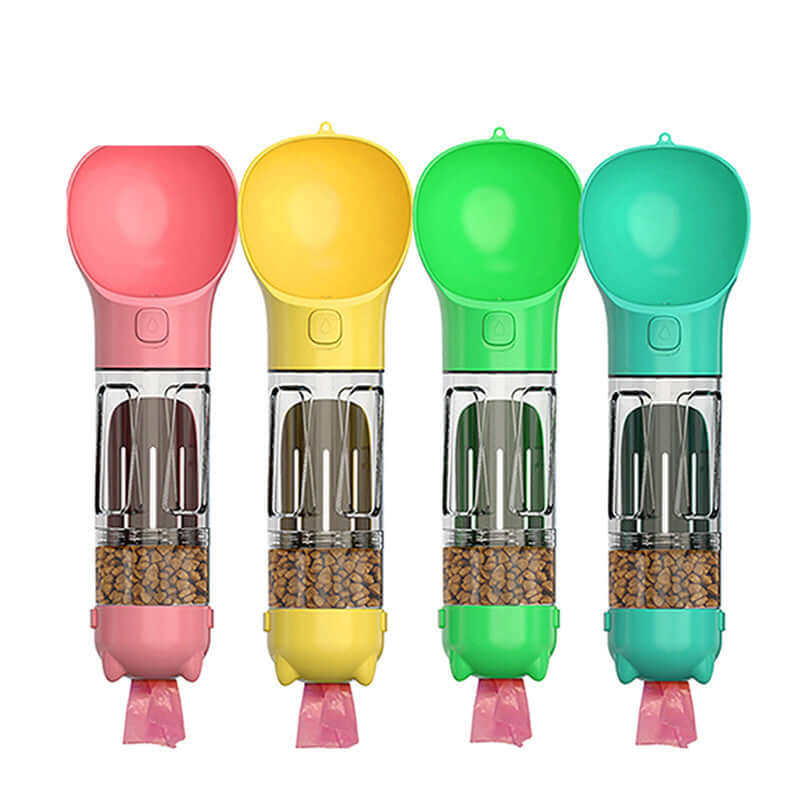 Bouteille d'eau multifonctionnelle pour animaux disponible en rose, jaune, vert et bleu, idéale pour hydrater les animaux en plein air.