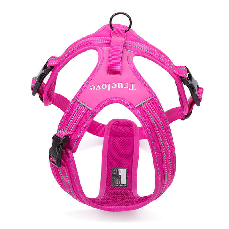 Harnais pour animaux en nylon rose avec design ergonomique et boucles ajustables pour un confort optimal.
