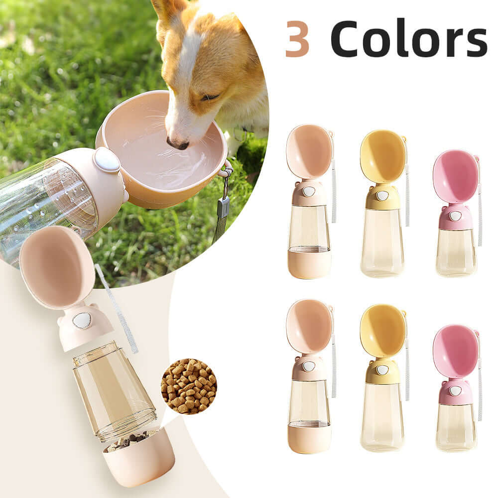 Bouteille d'eau portable pour chien en trois couleurs, avec distributeur d'eau et de nourriture pour animaux.