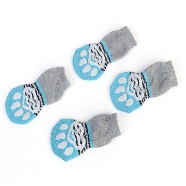 Chaussettes anti-dérapantes pour animaux de compagnie, coton et spandex, design bleu et grey, confort pour pattes.