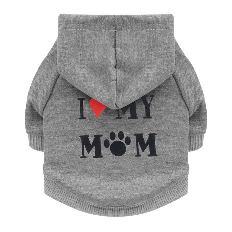 Vêtement pour chien en coton gris avec texte 'I ❤️ MY MOM' et capuche, idéal pour le confort et le style.