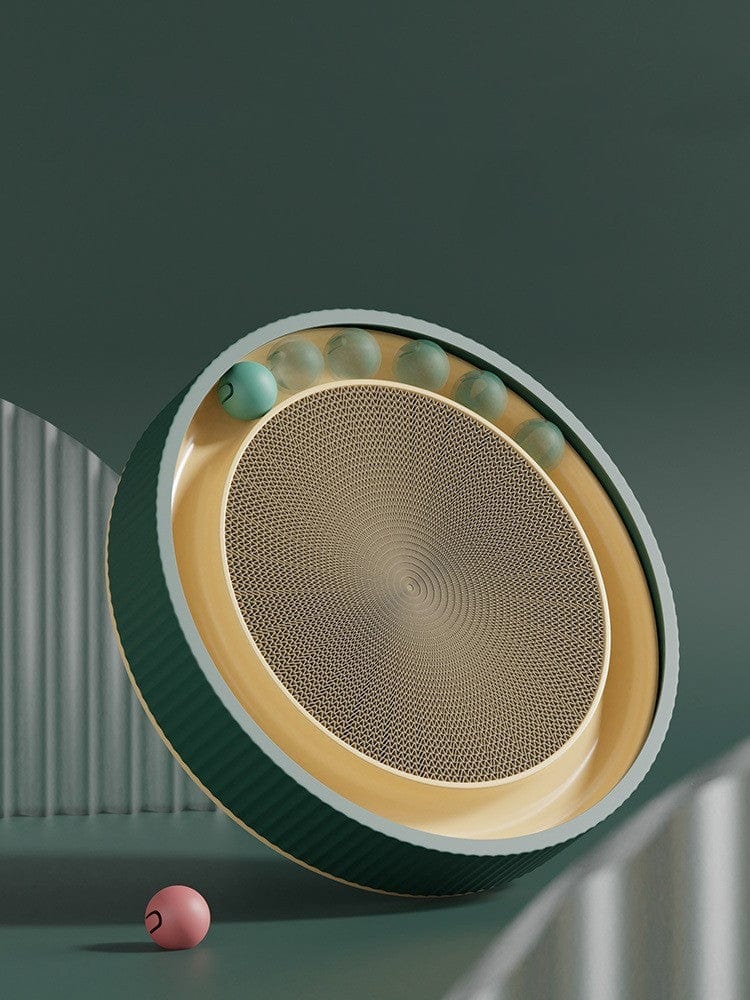 Stylish abstract design of a round speaker with colorful balls on a sleek green background.