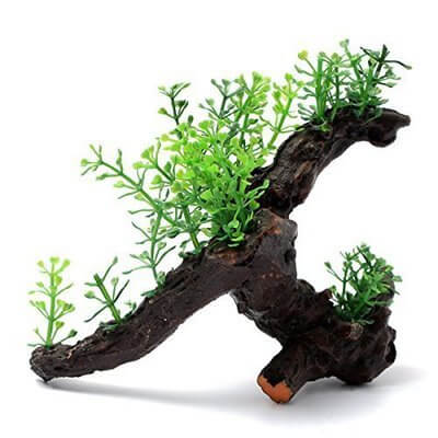 Plante aquatique décorative en bois pour aquarium, ornée de verdure réaliste, ajoutant une touche naturelle.