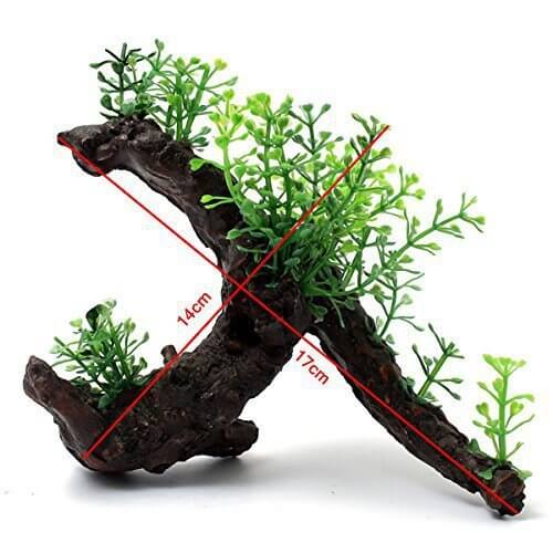 Plante aquatique décorative en bois pour aquarium, ajoutant une touche naturelle, dimensions 44cm x 17cm.