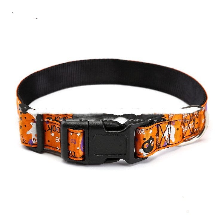 Collier de Halloween orange pour animaux avec motifs de fantômes et de chats, idéal pour chiens et chats.