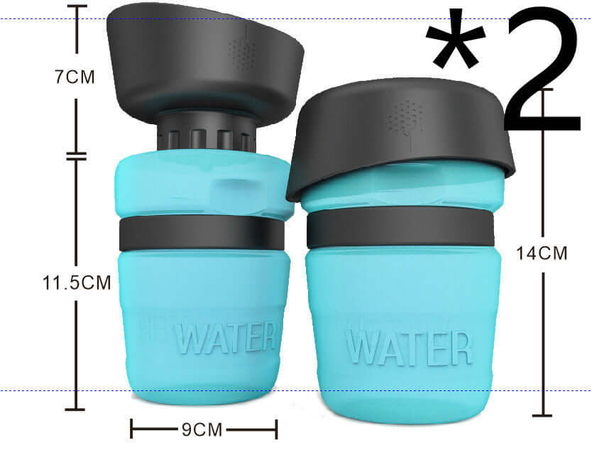 Bouteille d'eau pétillante pour animaux, en silicone durable, couleur bleu ciel, dimensions et conception ergonomique.