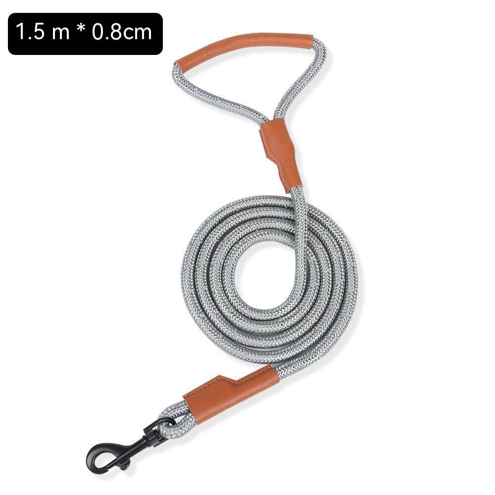 Laisse pour chien robuste de 1,5 m en corde, avec poignée en cuir et mousqueton durable, idéale pour les promenades.