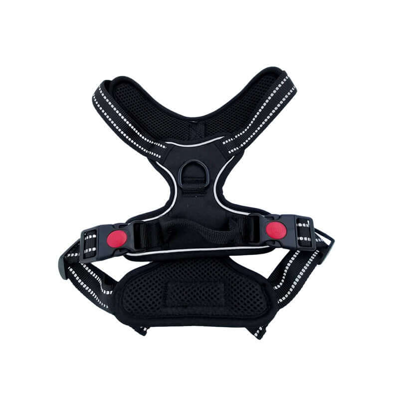 Harnais de traction pour chien noir avec sangle rembourrée et clips de sécurité, idéal pour le confort et la sécurité.