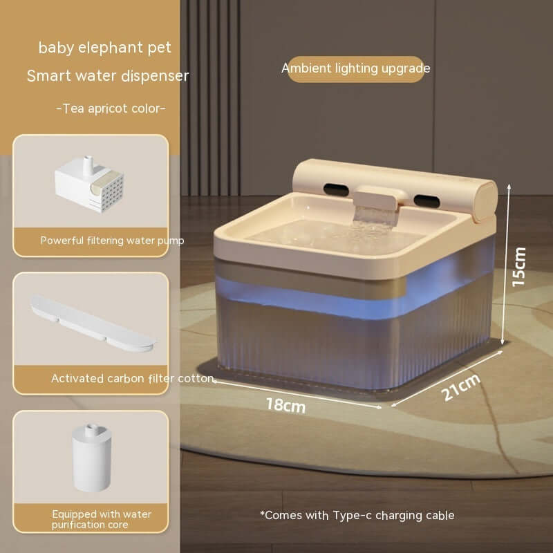 Distributeur d'eau intelligent pour animaux 4L en thé abricot avec filtration avancée et éclairage ambiance.