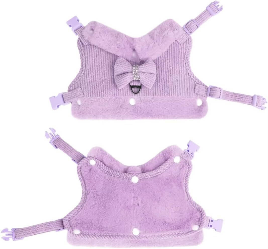 Harnais et laisse chouette pour chien en violet avec nœud papillon, conçu pour le confort et la sécurité des petits chiens.