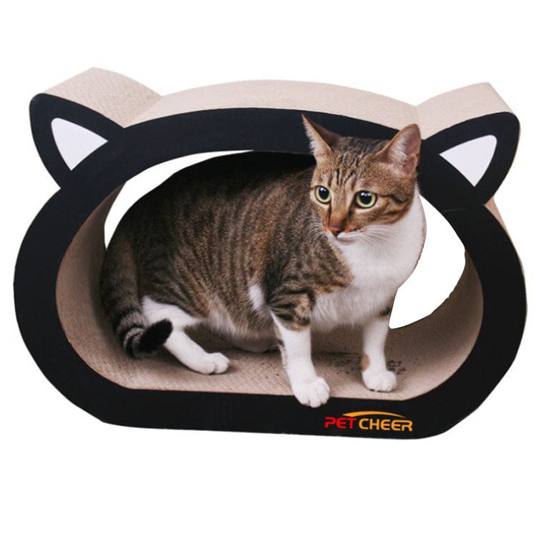 Chat heureux jouant dans une planche à gratter en forme de tête de chat, idéale pour les griffes.